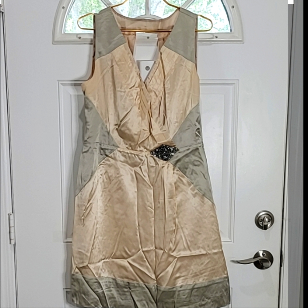 Elegant Vintage Silk Two-Tone Sleeveless Dress Size UK14